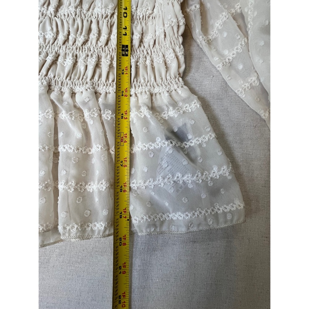 Cider Cream Smocked Peplum Blouse sz M Mock Neck Swiss Dot Embroidered Romantic - Picture 8 of 16